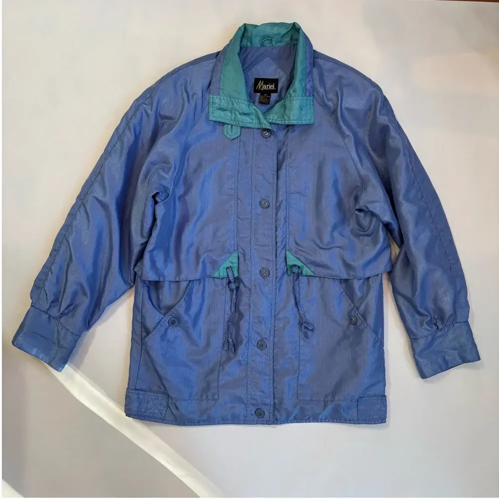 Vintage 80s Mariel Windbreaker Jacket Womens Medium Raincoat Lavender Turquoise